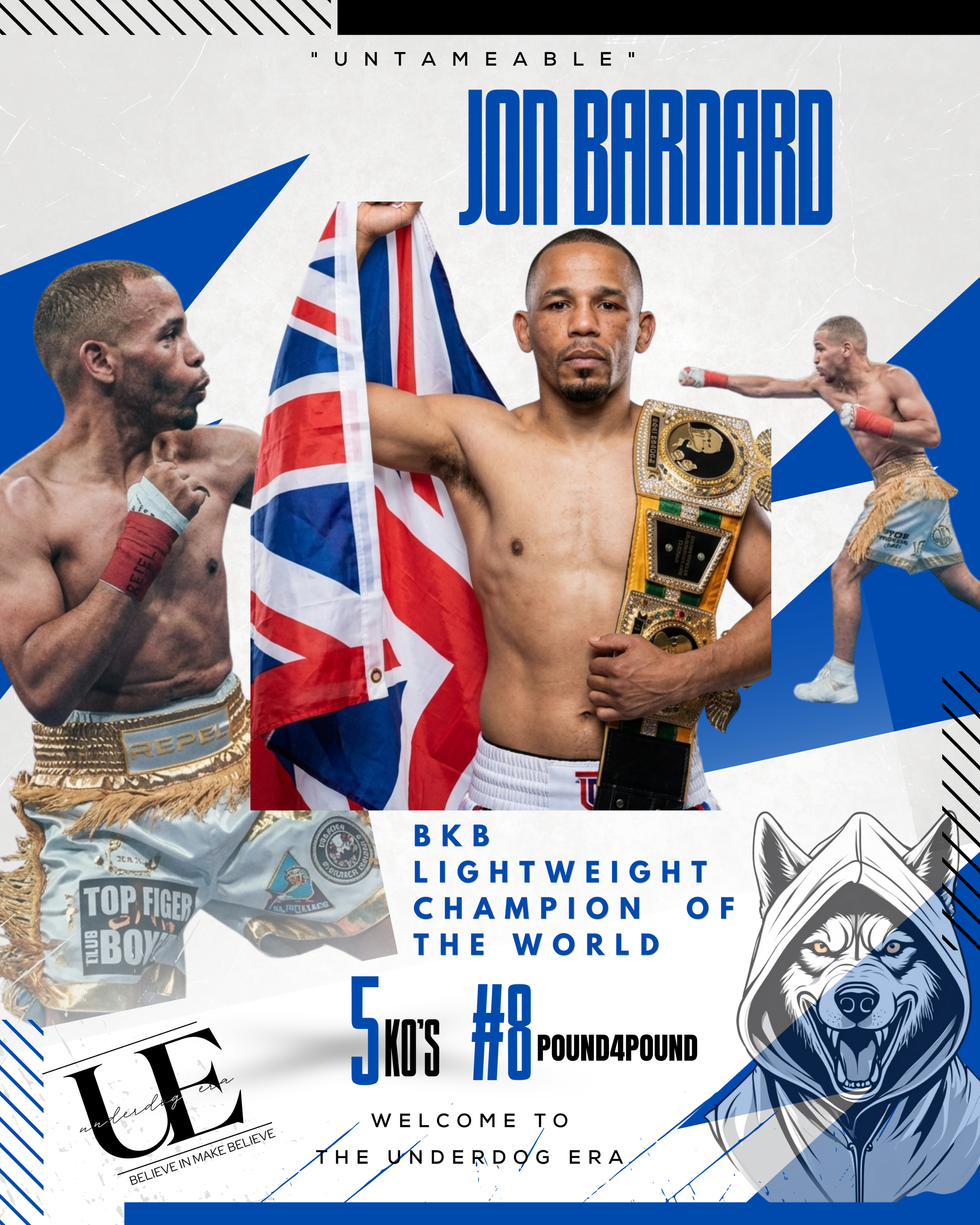 Promotional graphic for Jon Barnard, BKB Lightweight Champion of the World, featuring multiple action photos of him with a Union Jack flag and a boxing championship belt, with bold text and The Underdog Era mascot on a white, blue, and gray background.